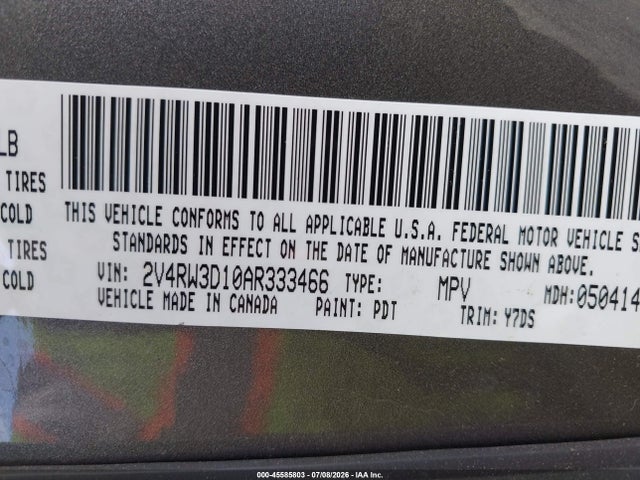 2010 Volkswagen Routan Se მანქანა იყიდება აუქციონზე, vin: 2V4RW3D10AR333466, აუქციონის ნომერი: 45585803