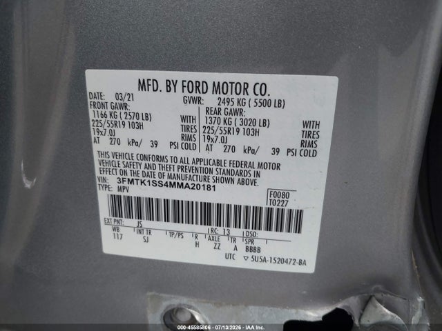 2021 Ford Mustang Mach-e Select მანქანა იყიდება აუქციონზე, vin: 3FMTK1SS4MMA20181, აუქციონის ნომერი: 45585806