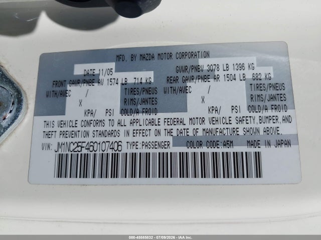 Продажа на аукционе авто 2006 Mazda Mx-5, vin: JM1NC25F460107406, номер лота: 45585832