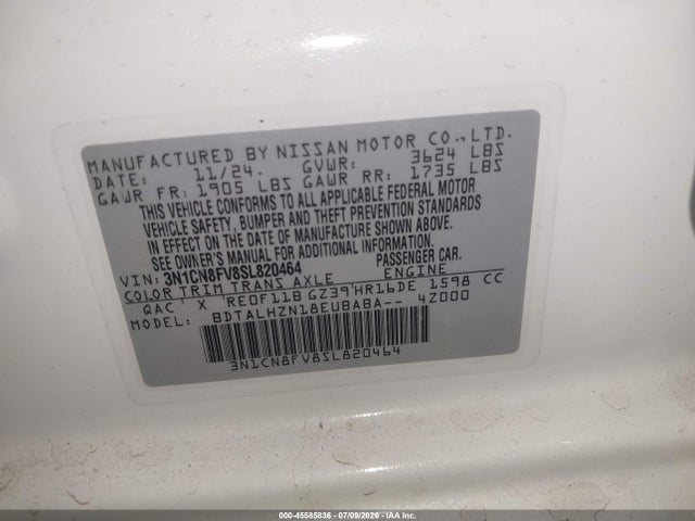 Продаж на аукціоні авто 2025 Nissan Versa 1.6 Sr, vin: 3N1CN8FV8SL820464, номер лоту: 45585836