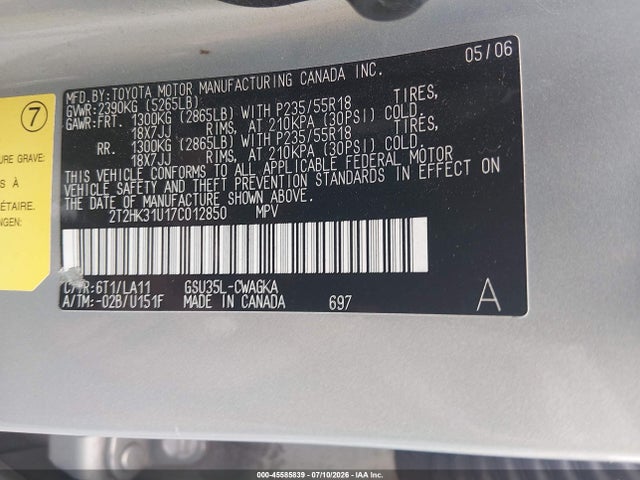 Продаж на аукціоні авто 2007 Lexus Rx 350, vin: 2T2HK31U17C012850, номер лоту: 45585839