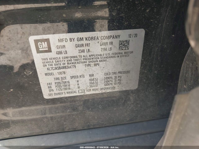 KL7CJKSB4MB344779 Chevrolet Trax Fwd Ls