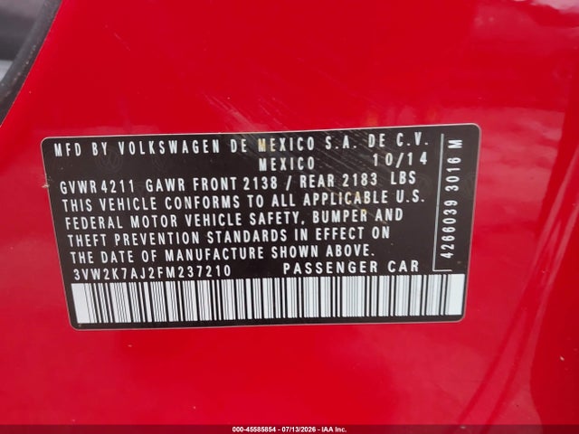 2015 Volkswagen Jetta 2.0l S მანქანა იყიდება აუქციონზე, vin: 3VW2K7AJ2FM237210, აუქციონის ნომერი: 45585854