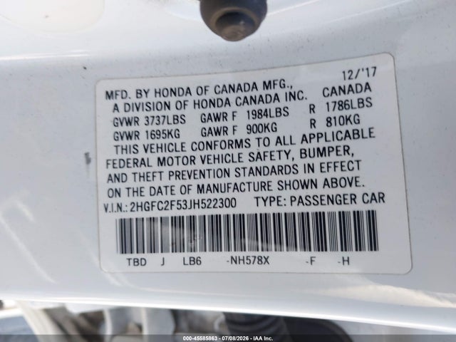 2HGFC2F53JH522300 Honda Civic Lx