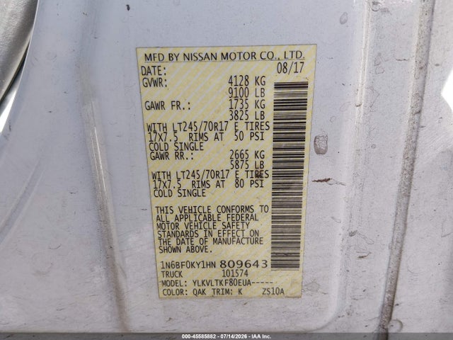 1N6BF0KY1HN809643 Nissan Nv Cargo Nv2500 Hd Sv V6