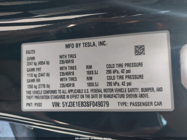 Tesla Model 3 Long Range All-wheel Drive 2025 5YJ3E1EB3SF049079 Image 9