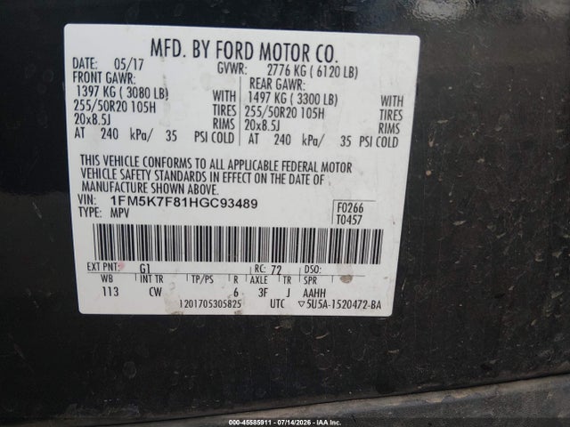 Продаж на аукціоні авто 2017 Ford Explorer Limited, vin: 1FM5K7F81HGC93489, номер лоту: 45585911