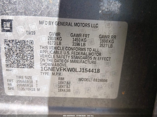 Продажа на аукционе авто 2020 Chevrolet Traverse Awd Ls, vin: 1GNEVFKW0LJ154418, номер лота: 45585928