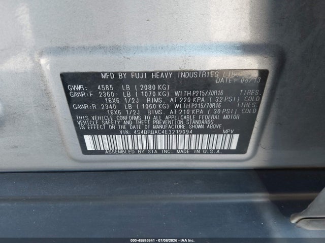 Subaru Outback 2.5i 2014 4S4BRBAC4E3219094 Image 9