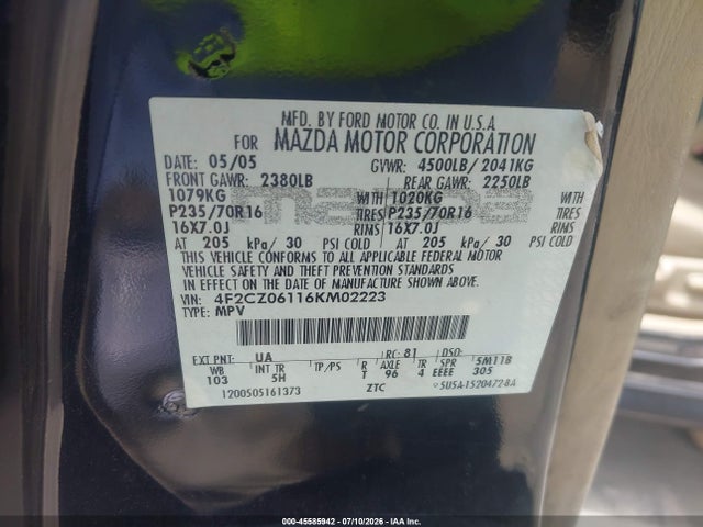 Aukcja sprzedaży 2006 Mazda Tribute S, vin: 4F2CZ06116KM02223, numer aukcji: 45585942
