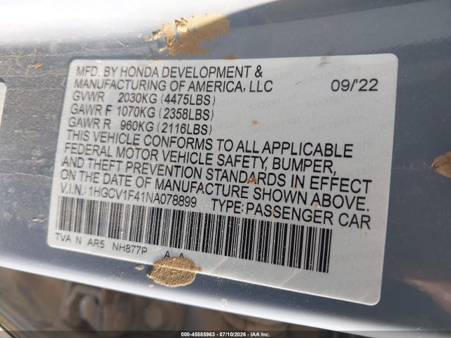 45585963 :رقم المزاد ، 1HGCV1F41NA078899 vin ، 2022 Honda Accord Sport Special Edition مزاد بيع