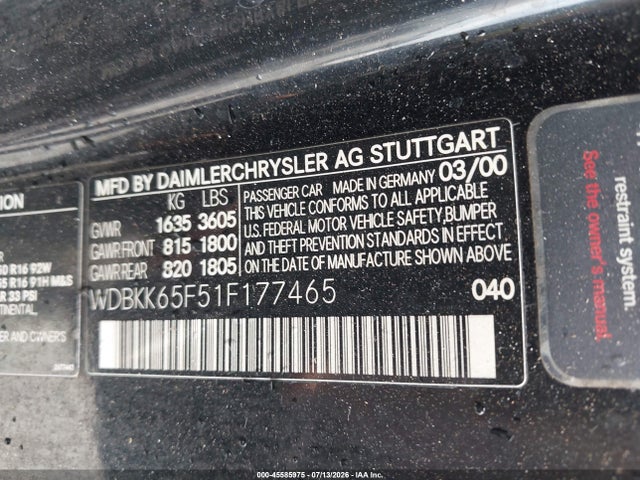 Aukcja sprzedaży 2001 Mercedes-benz Slk 320, vin: WDBKK65F51F177465, numer aukcji: 45585975