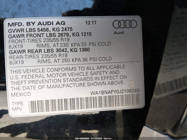 WA1BNAFY0J2106249 Audi Q5 2.0t Premium/2.0t Tech Premium