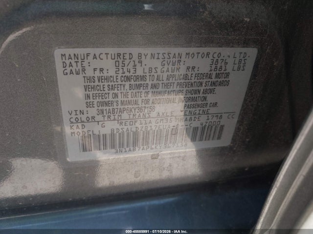 Aukcja sprzedaży 2019 Nissan Sentra Sv, vin: 3N1AB7AP6KY367158, numer aukcji: 45585991