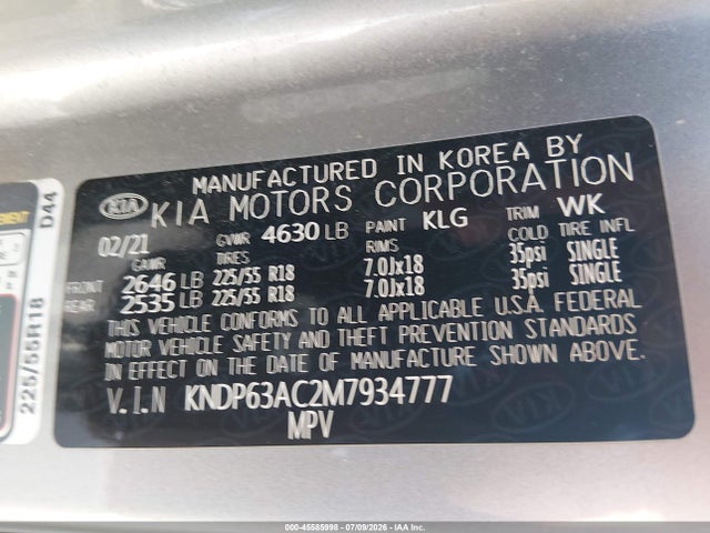 Aukcja sprzedaży 2021 Kia Sportage S, vin: KNDP63AC2M7934777, numer aukcji: 45585998
