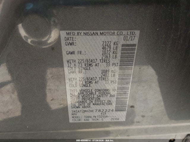 Auction sale of the 2017 Nissan Rogue S, vin: 5N1AT2MV2HC782224, lot number: 45586014