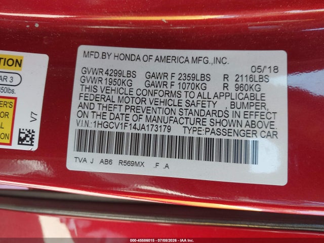 Honda ACCORD LX 2018 1HGCV1F14JA173179 Image 9