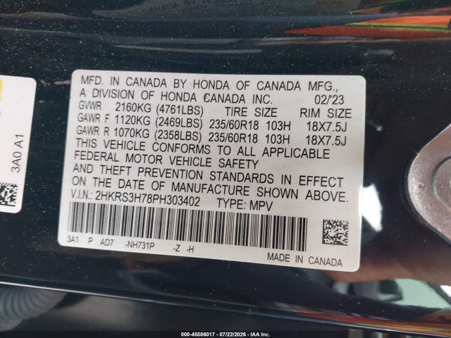 Продаж на аукціоні авто 2023 Honda Cr-v Ex-l 2wd, vin: 2HKRS3H78PH303402, номер лоту: 45586017
