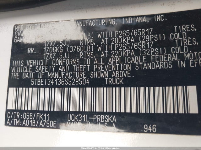 2006 Toyota Tundra Sr5 V8 მანქანა იყიდება აუქციონზე, vin: 5TBET34136S528504, აუქციონის ნომერი: 45586029