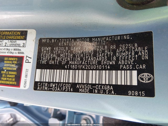 Продаж на аукціоні авто 2012 Toyota Camry Hybrid Xle, vin: 4T1BD1FK2CU010114, номер лоту: 45586032
