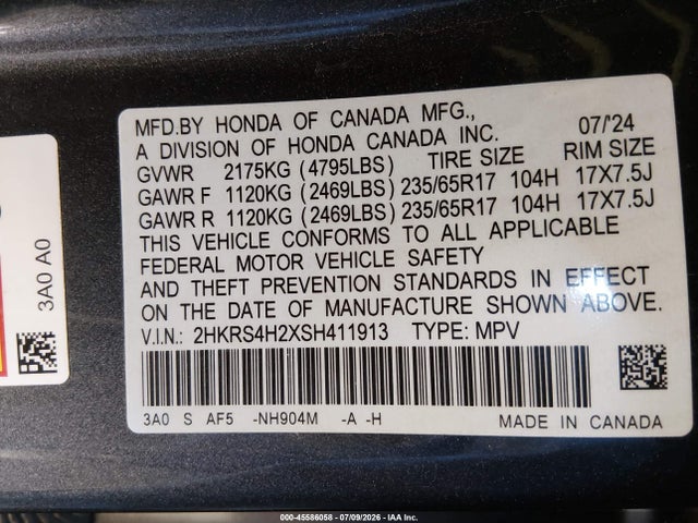 2HKRS4H2XSH411913 Honda Cr-v Lx Awd