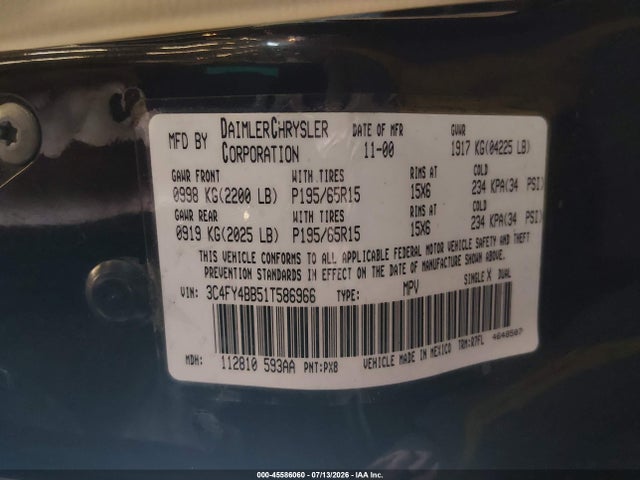 45586060 :رقم المزاد ، 3C4FY4BB51T586966 vin ، 2001 Chrysler Pt Cruiser مزاد بيع