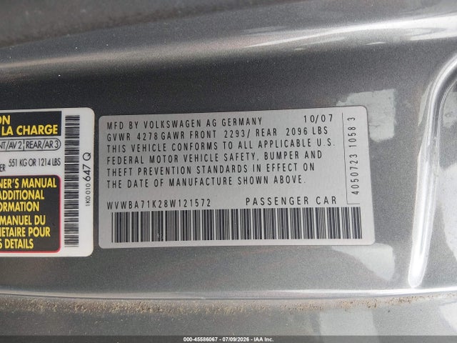 2008 Volkswagen Rabbit S მანქანა იყიდება აუქციონზე, vin: WVWBA71K28W121572, აუქციონის ნომერი: 45586067