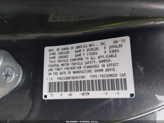 2011 Honda Accord 3.5 Ex-l მანქანა იყიდება აუქციონზე, vin: 1HGCS2B81BA001081, აუქციონის ნომერი: 45586081