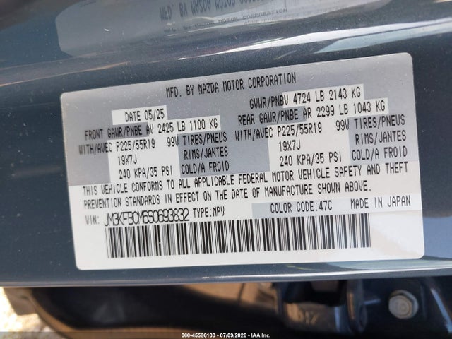 45586103 :رقم المزاد ، JM3KFBCM6S0693832 vin ، 2025 Mazda Cx-5 2.5 S Carbon Edition مزاد بيع