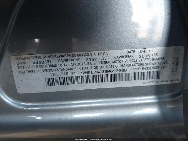 Продаж на аукціоні авто 2011 Volkswagen Jetta Sportwagen 2.0l Tdi, vin: 3VWPL7AJ3BM697988, номер лоту: 45586121