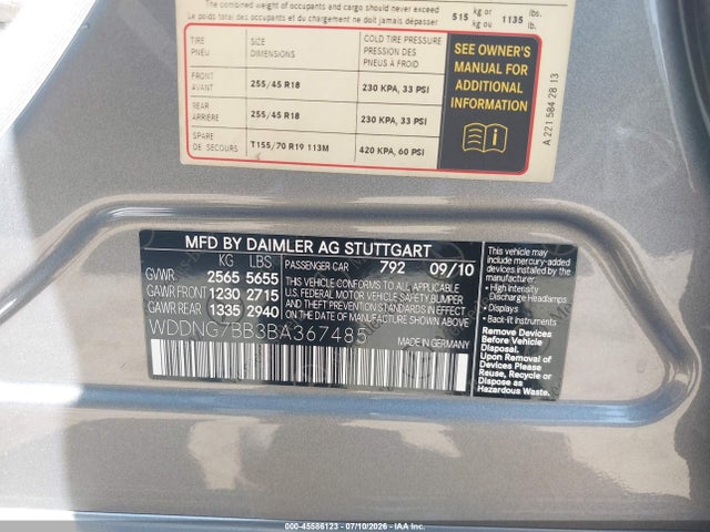 45586123 :رقم المزاد ، WDDNG7BB3BA367485 vin ، 2011 Mercedes-benz S 550 مزاد بيع