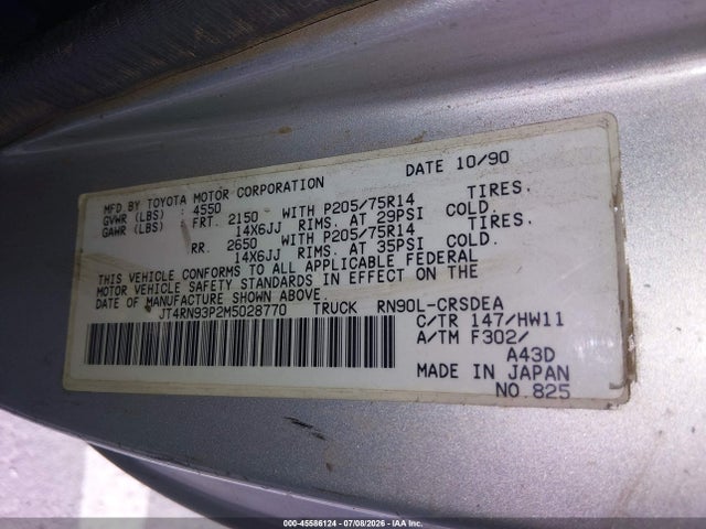 45586124 :رقم المزاد ، JT4RN93P2M5028770 vin ، 1991 Toyota Pickup 1/2 Ton Ex Lng Whlbse Dlx مزاد بيع