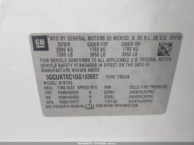 Продаж на аукціоні авто 2016 Chevrolet Silverado 1500 High Country, vin: 3GCUKTEC1GG193667, номер лоту: 45586175