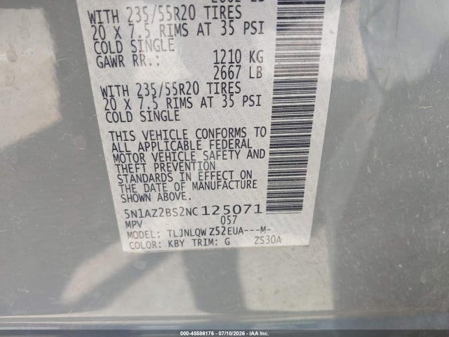 Продажа на аукционе авто 2022 Nissan Murano Sv Intelligent Awd, vin: 5N1AZ2BS2NC125071, номер лота: 45586176