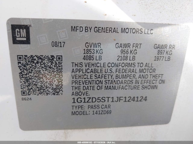Aukcja sprzedaży 2018 Chevrolet Malibu Lt, vin: 1G1ZD5ST1JF124124, numer aukcji: 45586182