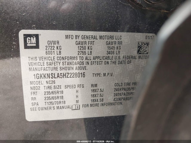 Aukcja sprzedaży 2017 Gmc Acadia Sle-2, vin: 1GKKNSLA5HZ228016, numer aukcji: 45586212