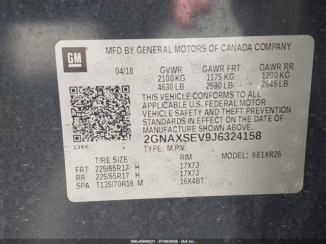 Chevrolet EQUINOX LT 2018 2GNAXSEV9J6324158 Image 9