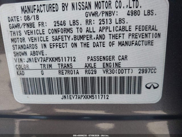 45586235 :رقم المزاد ، JN1EV7APXKM511712 vin ، 2019 Infiniti Q50 3.0t Luxe مزاد بيع