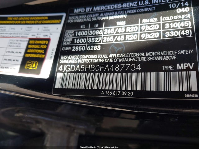 Mercedes-Benz Ml 350 4matic 2015 4JGDA5HB0FA487734 Image 9