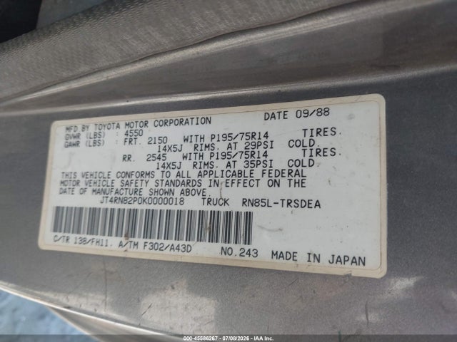 Auction sale of the 1989 Toyota Pickup 1/2 Ton Lng Wheelbase Dlx, vin: JT4RN82P0K0000018, lot number: 45586267