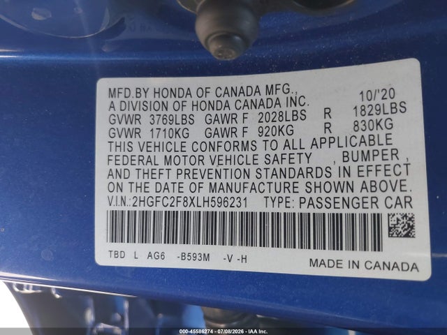 Honda Civic Sport 2020 2HGFC2F8XLH596231 Image 9