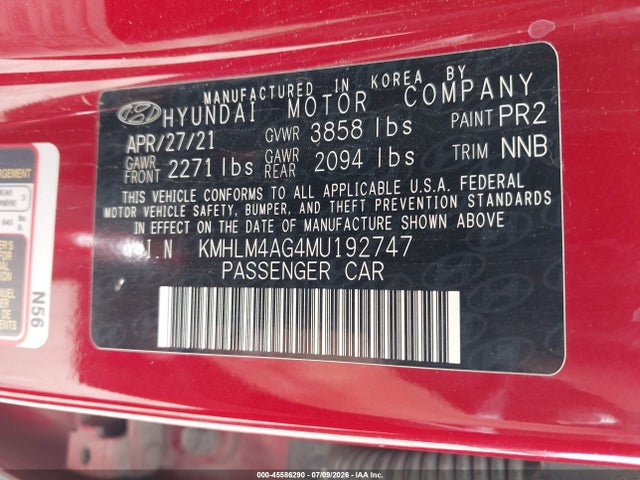 Aukcja sprzedaży 2021 Hyundai Elantra Sel, vin: KMHLM4AG4MU192747, numer aukcji: 45586290