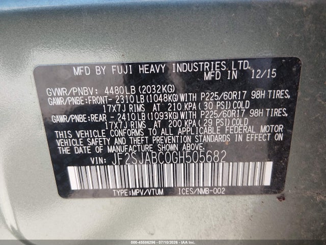 Subaru Forester 2.5i 2016 JF2SJABC0GH505682 Image 9