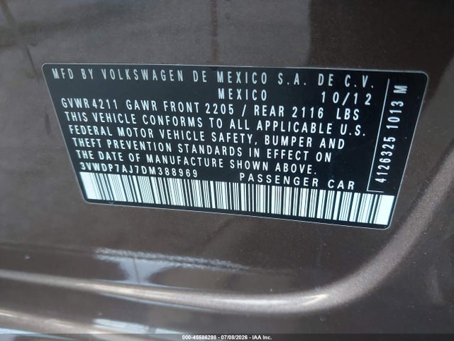 45586298 :رقم المزاد ، 3VWDP7AJ7DM388969 vin ، 2013 Volkswagen Jetta 2.5l Se مزاد بيع