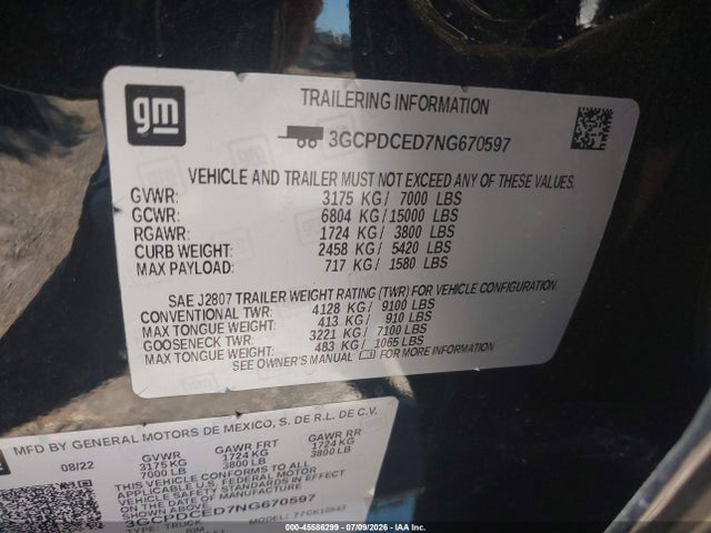 3GCPDCED7NG670597 Chevrolet Silverado 1500 4wd Short Bed Custom Trail Boss