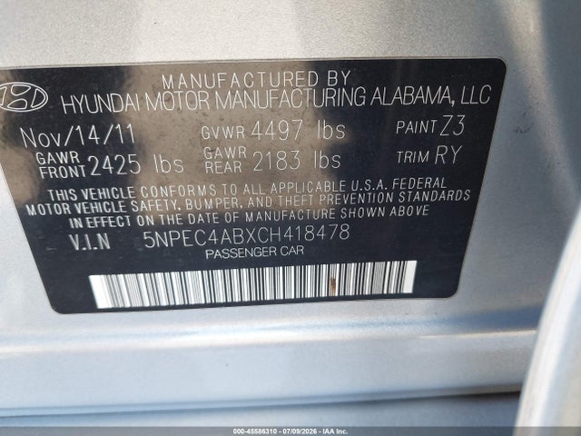 45586310 :رقم المزاد ، 5NPEC4ABXCH418478 vin ، 2012 Hyundai Sonata Se 2.0t مزاد بيع