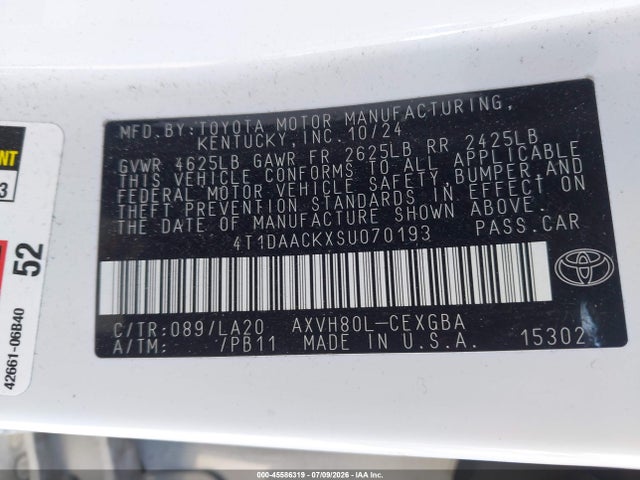 2025 Toyota Camry Xle მანქანა იყიდება აუქციონზე, vin: 4T1DAACKXSU070193, აუქციონის ნომერი: 45586319