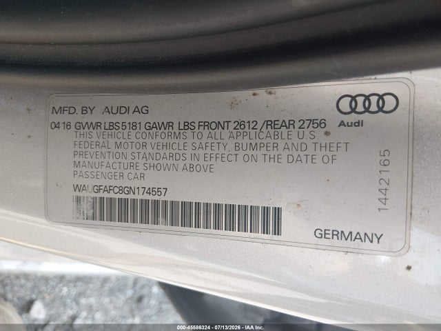 Aukcja sprzedaży 2016 Audi A6 2.0t Premium Plus, vin: WAUGFAFC8GN174557, numer aukcji: 45586324