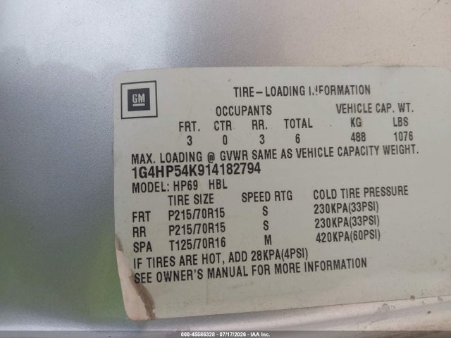 Продаж на аукціоні авто 2001 Buick Lesabre Custom, vin: 1G4HP54K914182794, номер лоту: 45586328