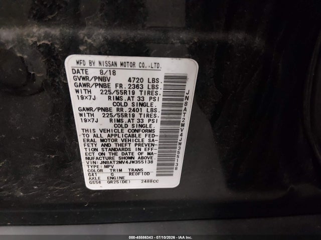 Aukcja sprzedaży 2018 Nissan Rogue Sl, vin: JN8AT2MV4JW355138, numer aukcji: 45586343